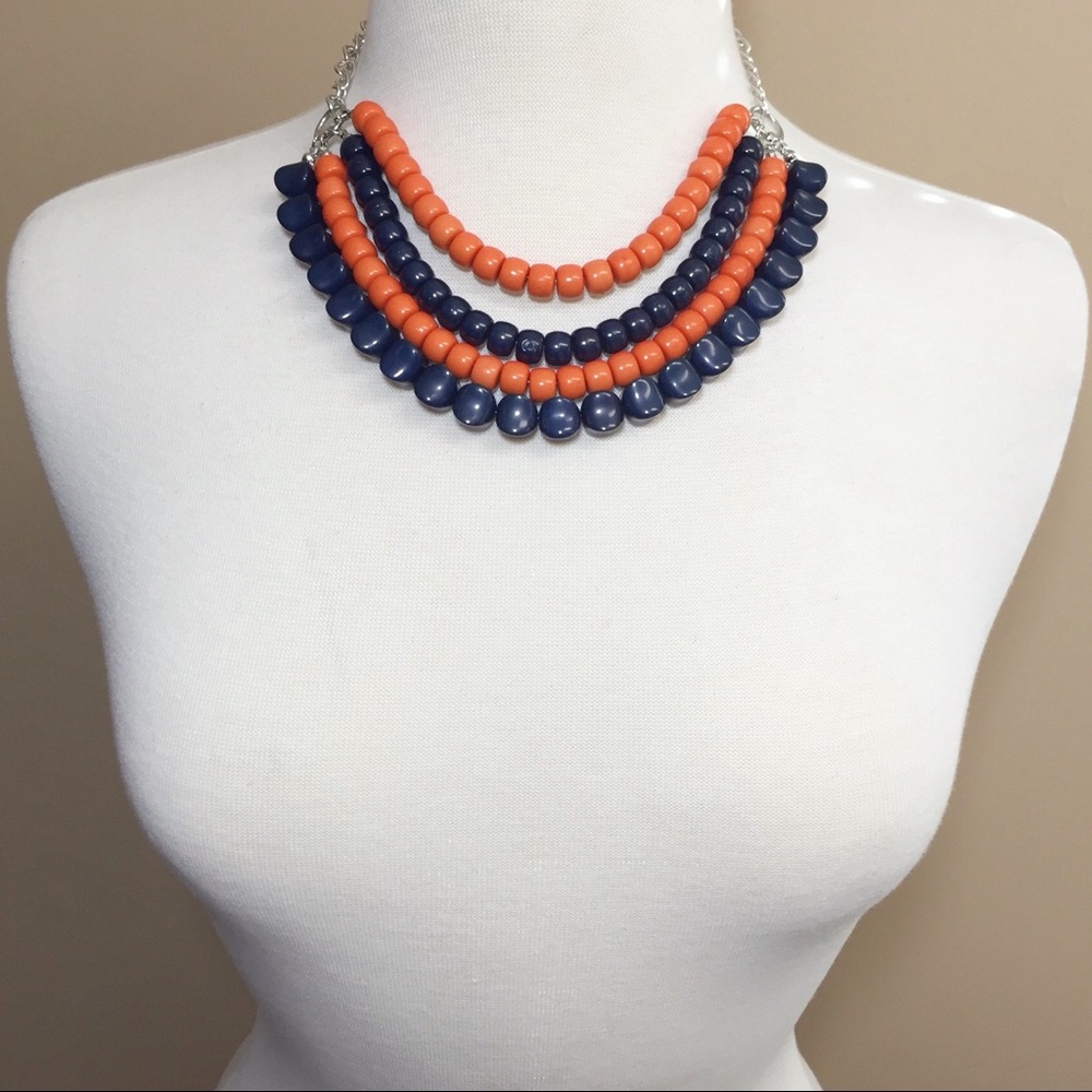 4 Row Orange Navy Blue Bead Necklace Earrings Set - Picture 2 of 3